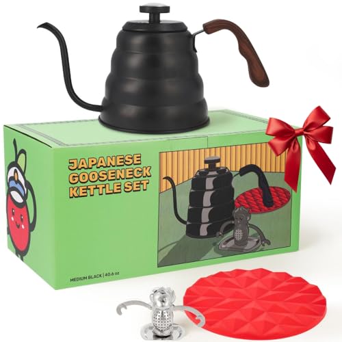 Black Japanese Gooseneck Kettle Stovetop with Thermometer and Insulated Handle (4-piece, 40.6 oz /1200ml), Stainless Steel Pour Over Tea Stovetop Kettle, Precision Pour Kettles Pot - color: Black