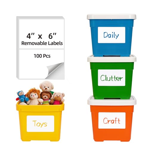 50 Labels/Pack 4x6 Removable Labels for Storage Bins, HUOJI Tear Resistant No Residue Storage Bin Labels, Storage Tote Labels for Home, School, Business - size: 4x6-1 Stack | 50 Sheets