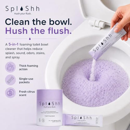 SplaShh 5 in 1 Foaming Toilet Bowl Cleaner, 30 Powder Packets, Fresh Citrus Scent, No Harsh Chemicals, Easy Clean, Replaces Sprays, Pods & Tablets, Stain & Odor Remover, Convenient Pouches