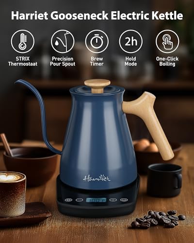 Harriet Gooseneck Electric Kettle - 1200W Fast Heat, 0.8L Stainless Steel, Precision Temp Control & Timer, Wood Handle, Pour Over Coffee and Tea, Blue - color: Blue