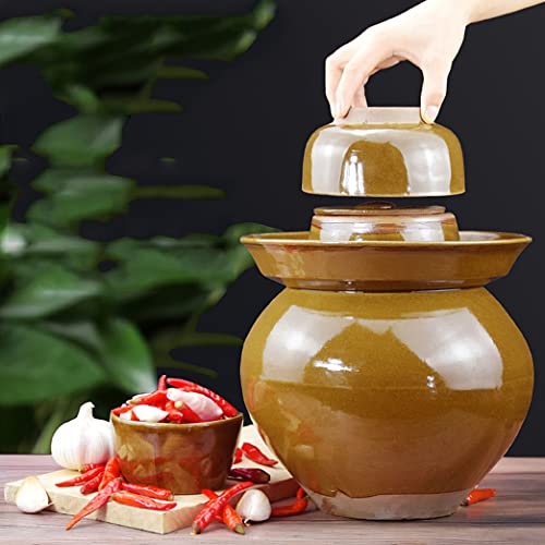 ZHOUXIAO Traditional Chinese Ceramic Fermentation Crock Jar Pickling Jar with Water Seal Airlock Lid,Large Thickened Ceramic Pickle Jar Kimchi Pot Storage Containers 4KG