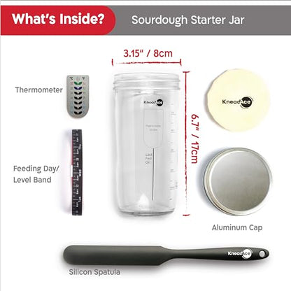 KNEADACE Sourdough Starter Jar With Date Marked Feeding Band, Thermometer, Sourdough Jar Scraper, Sourdough Container Sewn Cloth Cover & Metal Lid, Sourdough Starter Kit - color: 1 Pack