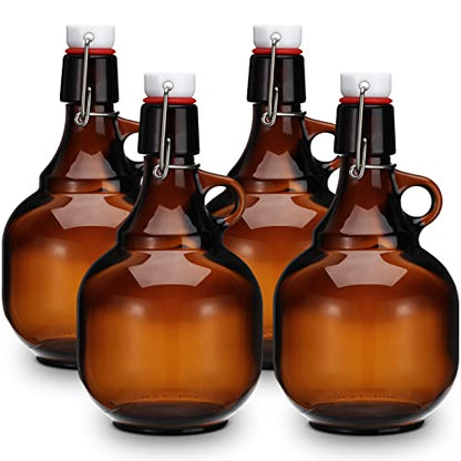 Dandat 맥주 호박색 유리병 맥주 병 유리 병 뚜껑 포함 액체 저그 소다 사이다 알코올 와인 홈 브루잉 발효용 그라울러 4개(1.9kg(68온스) - size: 68 oz