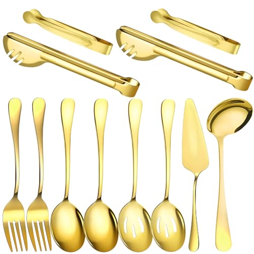 12 Pcs Gold Serving Utensils Set Include Stainless Steel Large Serving Spoons Slotted Spoons Forks Soup Ladle Pie Server - Metal Utensils for Parties Buffet Catering, Dishwasher Safe - color: Gold, size: 12 PCS