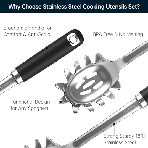 Safring Stainless Steel Soup Ladle and Spaghetti Spoon Set, Heat Resistant Rubber Handle, Dishwasher Safe, Kitchen Utensils for Cooking, Stirring, Serving Pasta, Soup & Sauce - color: Black & Stainless Steel