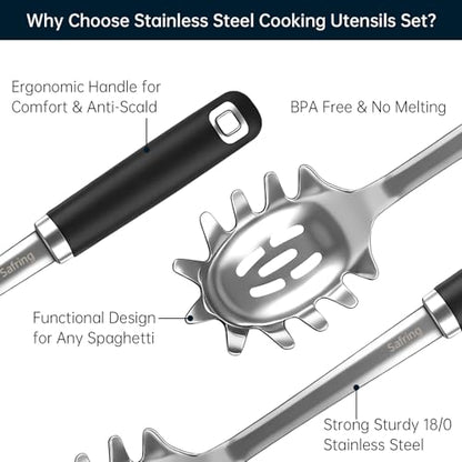 Safring Stainless Steel Soup Ladle and Spaghetti Spoon Set, Heat Resistant Rubber Handle, Dishwasher Safe, Kitchen Utensils for Cooking, Stirring, Serving Pasta, Soup & Sauce - color: Black & Stainless Steel
