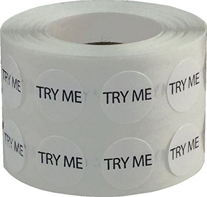 White Try Me Stickers, 1/2 Inch Round, 1000 Labels on a Roll - color: White