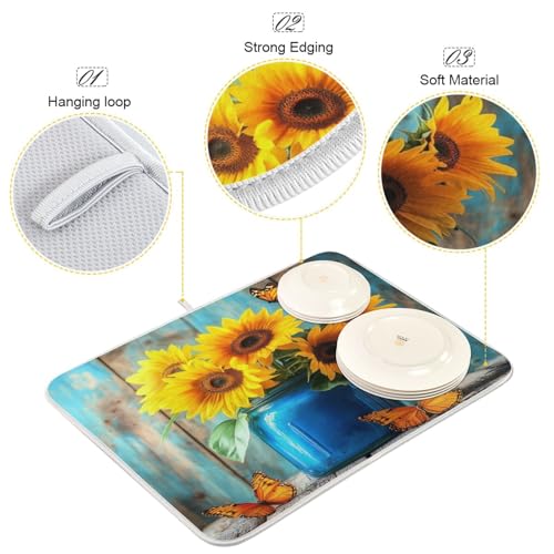 Butterfly Sunflowers Jar Dish Drying Mat Kitchen Dish Drying Pad Absorbent Microfiber Sink Mat for Coffee Bar Draining Racks Sinks 18x24 Inch - size: 18x24in