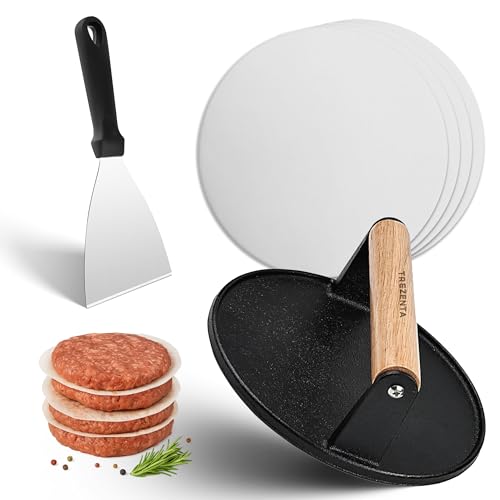 3-in-1 Cast Iron Smash Burger Press, 7.2'' Pre-Seasoned Cast Iron Hamburger Smasher, Grill Bacon Meat Press Tool Heat Resistant Burger Smasher for Griddle, Food, Chef