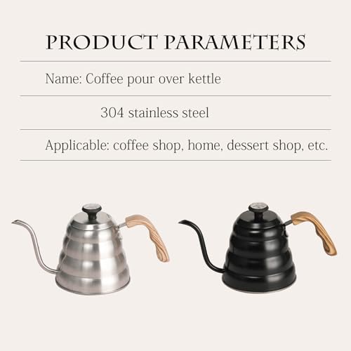 304 Stainless Steel Pouring Over Coffee Kettles with Thermometers and Wood Handle for Temperature Control Rustless Swanneck Coffeepot - color: Silver