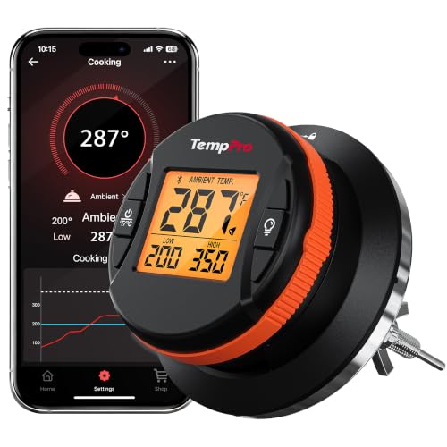 TempPro Bluetooth Grill Thermometer with LCD Display & App Alerts, 500FT Wireless Temperature Gauge for Smoker, Kettle, Kamado, Pellet, Gas Grills, 0.3 Inches Universal Sensor Fits Most Lids