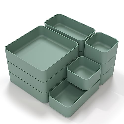 CHANCETSUI 11-Piece Stackable Drawer Organizer Set, Multi-size Desk Drawer Organizer Trays Vanity Storage Bins for Storing Makeup, Stationery, Utensils in Bathroom Dresser, Office and Kitchen - color: Green