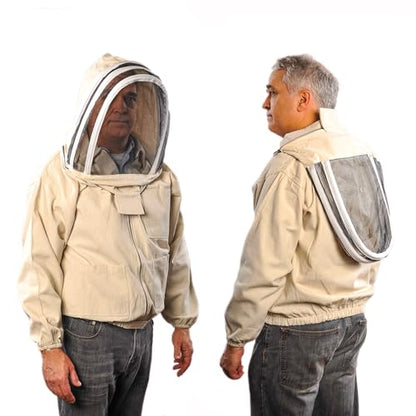 Bee Jacket with Veil - Natural Canvas Bee Suit Jacket with Elastic Waist & Cuffs, YKK Brass Zippers, 3 Utility Pockets. Removable Hood Interchangeable with Forest Beekeeping Suit. XL - size: X-Large