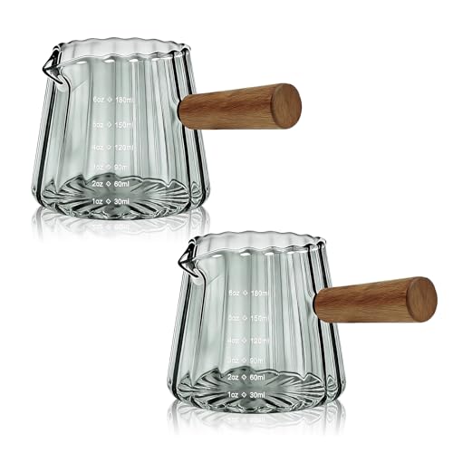 2 PCS Espresso Measuring Cup 6 Oz, Espresso Glass Cups with Wood Handle, Milk Frothing Cup, Espresso Cup for Coffee, Milk, Tea or Maple Syrup Serving (Grey) - color: Gray