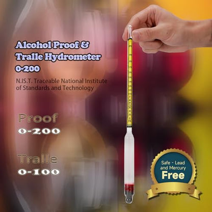 Alcohol Hydrometer Meter Test Kit 0-200 Proof & Tralle,with Glass Test Jar,Accurate Tester & Glass Cylinder for Proofing Distilled Spirits & Moonshine Alcoholmeter Testing Set,HDRELEODY
