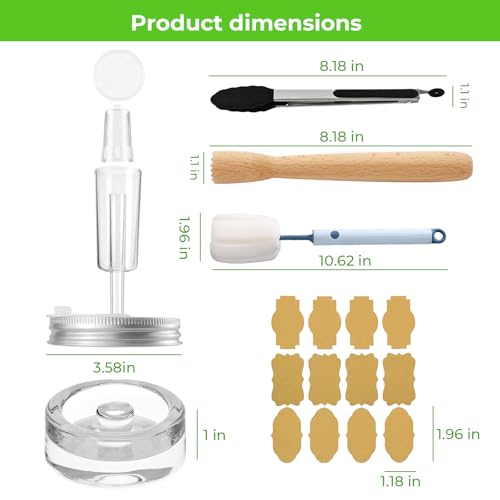 Fermentation Kit for Wide Mouth Mason Jars, 26-in-1 Complete Fermentation Starter Kit with 4 Stainless Steel Lids, 4 Glass Weights, 4 Airlocks, 24 Labels, Long Handle Brush, Silicone Tong & Pounder