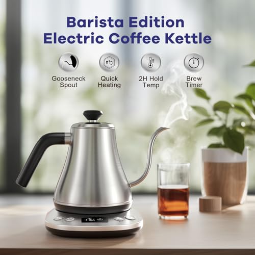 Mecity Electric Gooseneck Kettle With LCD Display Automatic Shut Off Retro Coffee Kettle Temperature Control Hot Water Boiler to Pour Over Tea, 1200 Watt Quick Heating Tea Pot, 0.8L, Stainless Steel - color: Stainless Steel