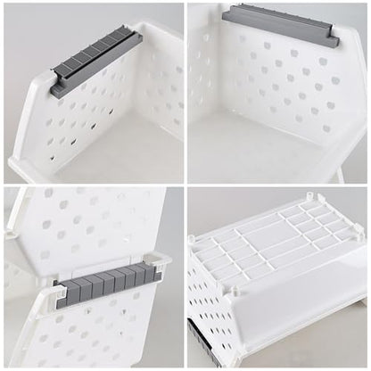 4-Pack Plastic Stackable Storage Baskets, Open Front Kitchen Organizer Basket Bin, White, F