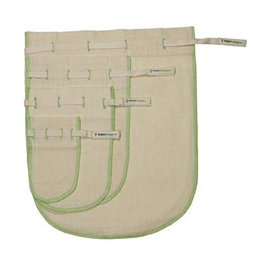 Simple Ecology Reusable Organic Cotton Muslin Fine Mesh Straining Bags - Set of 4 (XS, S, M, L) (nut milk, cold brew, coffee filter, loose leaf tea infuser, food juice pulp strainer) - size: Set of 4 (L, M, S, XS)