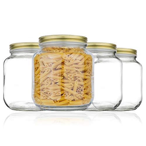 kitchentoolz Half Gallon Mason Jar Wide Mouth - 1/2 Gallon Big Mason Jars with Airtight Gold Metal Lid - 64 oz Glass Jar with Lid for Pickling, Fermenting, Canning - Made in USA, 4 Pack - color: Gold Lid