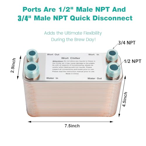 Wort Chiller 50 Plates, Brazed Plate Copper Heat Exchanger for Homebrew, Stainless Steel 7.5" x 2.9" Plate, 1/2 & 3/4 NPT Thread Connection Hot Liquid Accelerated Cooler Quick Beer Cooling System