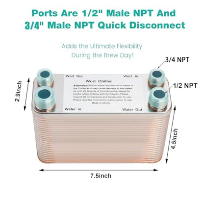 Wort Chiller 50 Plates, Brazed Plate Copper Heat Exchanger for Homebrew, Stainless Steel 7.5" x 2.9" Plate, 1/2 & 3/4 NPT Thread Connection Hot Liquid Accelerated Cooler Quick Beer Cooling System
