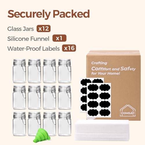 ComSaf Square Small 8 oz Glass Spice Jars with Airtight Lids 12 Pack Pantry | Jams herbs, Overnight oats, Pickling favors, Labels included, Funnel included, Pantry organization, Sourdough pickling - size: 8oz*12