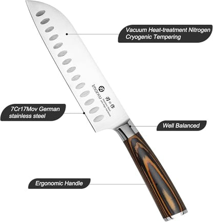 imarku Santoku Knife, 7 inch Kitchen Knife Ultra Sharp Cooking Knife Japanese Chef Knife -High Carbon Stainless Steel - Ergonomic Pakkawood Handle, Gifts for Women/Men, Orange - color: Orange