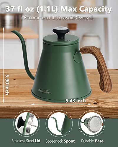 Harriet Gooseneck Kettle with Thermometer for Pour Over Coffee and Tea, 37 fl oz, Stainless Steel, Durable 3-Layer Base, Ideal Spout for Precision Pouring, Compatible with all Stove Tops, Green - color: Green