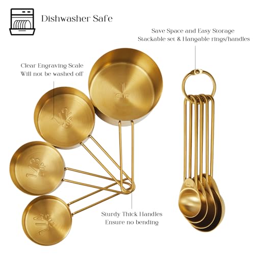 Golden 304 Stainless Steel Measuring Cups and Spoons Set,8PCS Stackable & Long Handle Fits Narrow Jars, Premium Gold Kitchen Accessories for Liquid & Dry Ingredients Baking Cooking, Durable&Rust-Proof