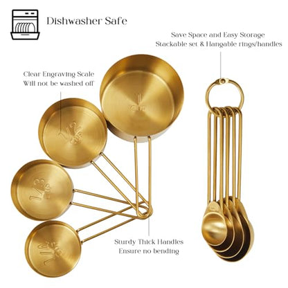 Golden 304 Stainless Steel Measuring Cups and Spoons Set,8PCS Stackable & Long Handle Fits Narrow Jars, Premium Gold Kitchen Accessories for Liquid & Dry Ingredients Baking Cooking, Durable&Rust-Proof