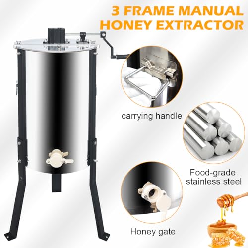 Honey Lake 3 Frame Manual Honey Extractor, Stainless Steel Honeycomb Drum Spinner with Transparent Lid, Beekeeping Equipment for Honey Extraction with Height Adjustable Stand - size: 3 Frame Rack