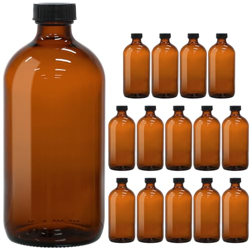 15 Pack 16oz Amber Glass Boston Round Bottles with Phenolic Polycone Caps – Airtight, Leak-Proof Brown Glass Containers for Kombucha Brewing, Storing Condiments, Essential Oils, and Homemade Solutions - size: 16oz