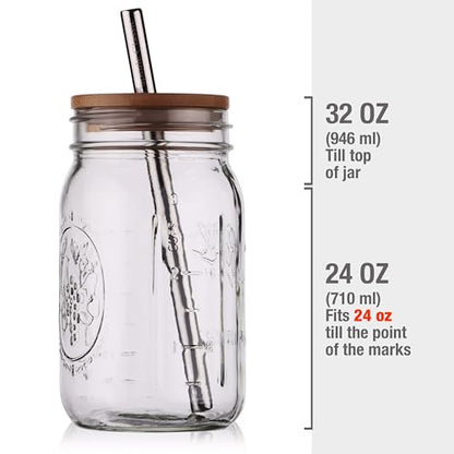 Reusable Boba Bubble Tea & Smoothie Cups - 2 Glass Wide Mouth 32 oz Mason Jars with Bamboo Lids - 2 Reusable Silver Stainless Steel Boba Straws