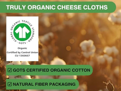 Organic Cheese Cloths, GOTS Certified, Grade 100, 36x36Inch, Reusable Cheese Cloth with Closed Edges Fabric Fine Mesh Cloth, Unbleached Cotton Muslin Cheesecloth for Straining,Cooking,Crafts - 9 Sq.Ft
