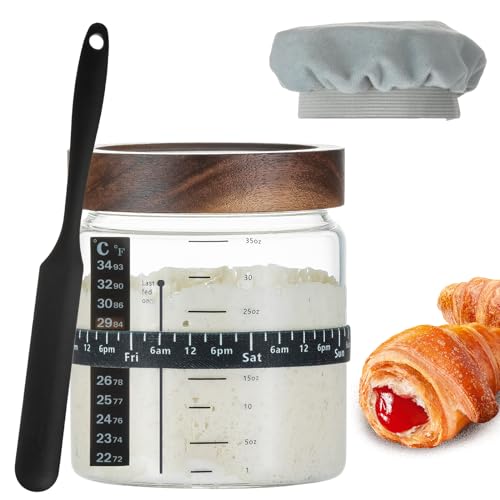 Wissy&Konny Sourdough Starter Jar 35OZ with Ounce Scale Line,Date Marked Feeding Band, Thermometer, Sourdough Jar Scraper, Cloth Cover & Wood Lid, Wide Mouth for Sourdough Bread Baking - color: Wood Lids-1 Pack