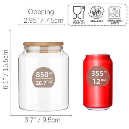Custde Glass Jar with Lid, 28.7 FL oz Airtight Glass Storage Jar Glass Food Storage Containers for Kitchen Counter, Pantry, Decorative for Coffee, Sugar, Candy Jar Cute (Bamboo 28.7 FL OZ)
