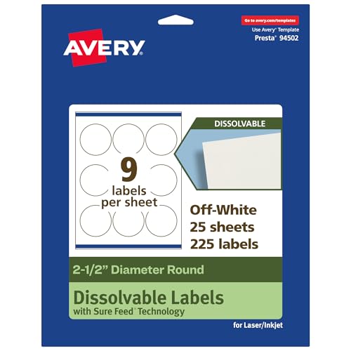 Avery Dissolvable Round Labels, Sure Feed Technology, 2.5" Diameter, Matte White, Print-to-The-Edge, Laser/Inkjet Printable, 225 Labels Total - style: 225 labels
