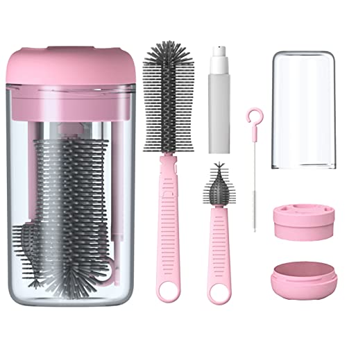 Pink Silicone Baby Bottle Cleaner Kit - Bottle Brush Set, Drying Rack, Nipple & Straw Brushes, Soap Dispenser - Travel & Home Use - color: Light Pink