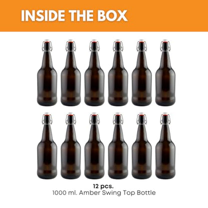 FastRack Swing Top Bottles | 33 oz – Pack of 12 | Amber Flip Top Glass Bottles for Home Brewing, Carbonated Drinks, Kombucha, Fermentation, Water | Food Grade – ECO Friendly