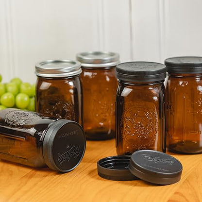 Yodecy 4 Pcs 32 oz Amber Wide Mouth Mason Jars With Airtight Lids and Black Plastic Lids, Canning Jars for Overnight Oats, Food Storage and More - color: amber