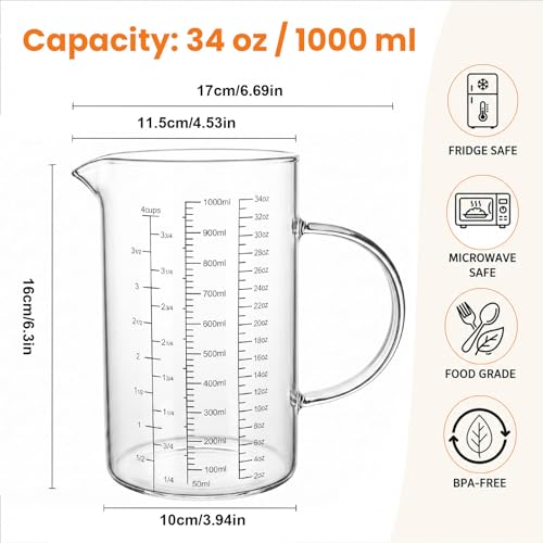 Graduated Glass Measuring Cup With Handle 1000ML (32Oz, 4Cups) | High Borosilicate Liquid Measuring Cup for Baking Cooking Kitchen V-Shaped Spout Glass Measuring Beaker Easy To Read - size: 1000ML (32Oz, 4Cups)