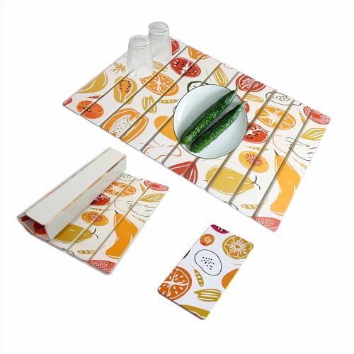 Large Stone Drying Mat for Kitchen Counter, 24"x16" Fast-Drying Super-Absorbent Diatomaceous Dish Drying Mat, Collapsible Dish Drying Stone for Dishes, Bottles, Cups, Any Countertop - color: Colorful fruits