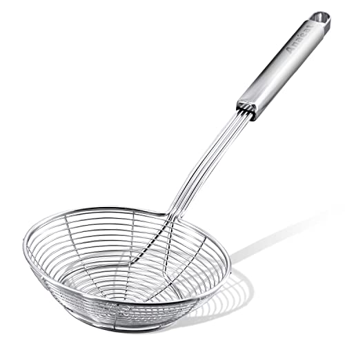 Anaeat Stainless Steel Spider Strainer Skimmer - Solid Kitchen Strainer Ladle with Long Handle for Cooking and Frying, Reinforced Double Coil Slotted Spoons for Pasta, Noodle, Spaghetti (5.5 Inch) - color: Double Coil 5.5 Inch