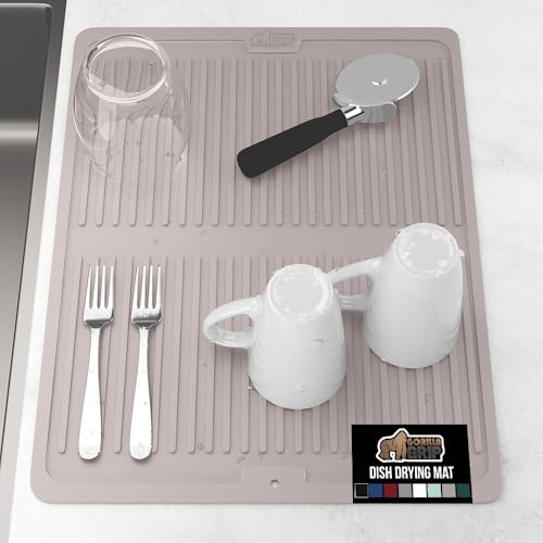GORILLA GRIP 100% BPA-Free Patented Silicone Dish Drying Mat for Kitchen Counter, 18x16 Inch, Water Catching Ribbed Design, Easy Clean Waterproof Sink Liner, Heat Resistant, Fits Under Rack, Almond - color: Almond, size: 18" x 16", style: Silicone