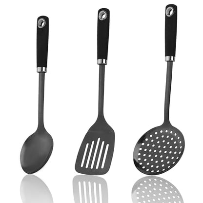 Black 3 Piece Stainless Steel Cooking Utensils Set, Metal Slotted Spoon, Slotted Turner Spatula and Skimmer Set for Frying, Serving, Dishwasher Safe - color: Z-Black Cooking Utensils