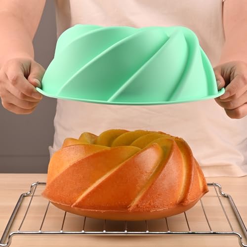 HUAKENER Large Fluted Cake Pan (2 Pack) - Nonstick Fluted Tube Pan, Large Round Silicone Mold for Cake, Brownie, Cornbread, Jello Cake ﻿ - size: 9 Inch