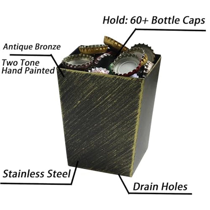 Old Fashioned Bottle Cap Catcher Wall Mount Stainless, Narrow Antique Bronze Screw in Wall Beer Top Bucket with Drain Holes for Table - color: Antique Bronze