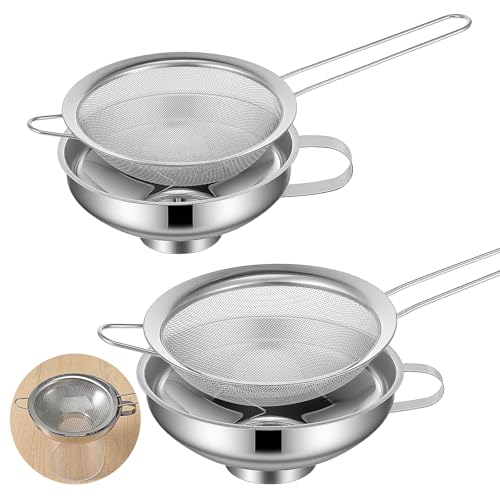 Kenaoeoe 4 PCS Stainless Steel Canning Funnel and Can Strainer Set Wide and Regular Mouth Kitchen Funnels with Fine Mesh Strainers for Kitchen Use