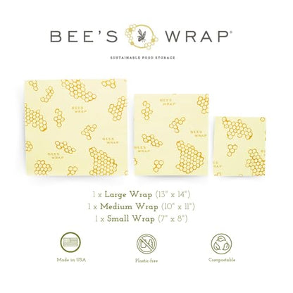 Bee's Wrap Beeswax Wraps for Food - 3 Pack of Assorted Beeswax Wraps - Small, Medium & Large Wrap - Plastic Free Made in USA Reusable Natural Food Wrap - Honeycomb Print - style: 3 Pack (Honeycomb)
